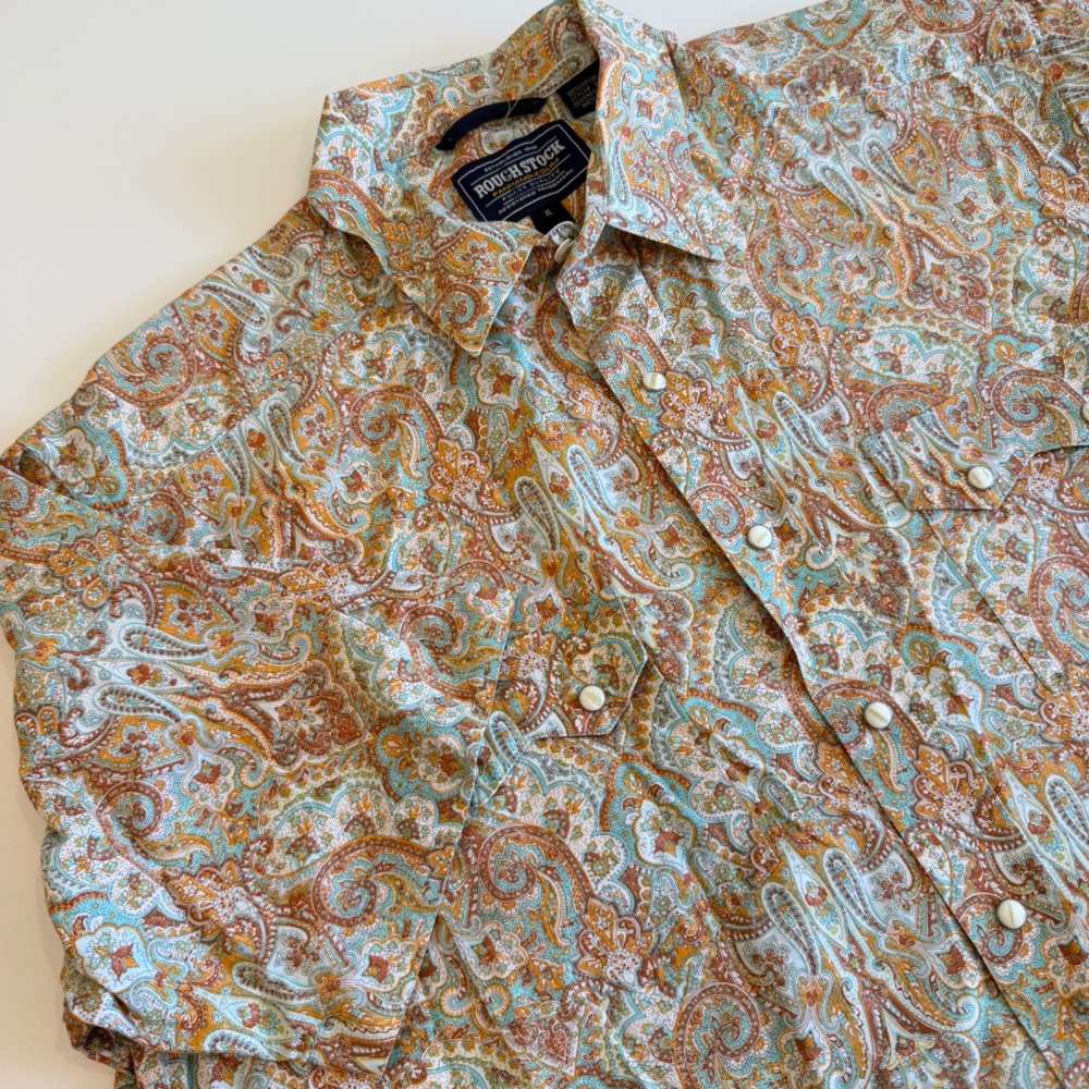 Rough Stock Pearl Snap Button Shirt Slim Paisley Western XL Orange Turquoise